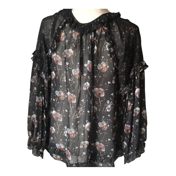 Ulla Johnson NWT Raine Blouse  Dark Floral 100% Silk Georgette Sheer Boho Top - Picture 2 of 9